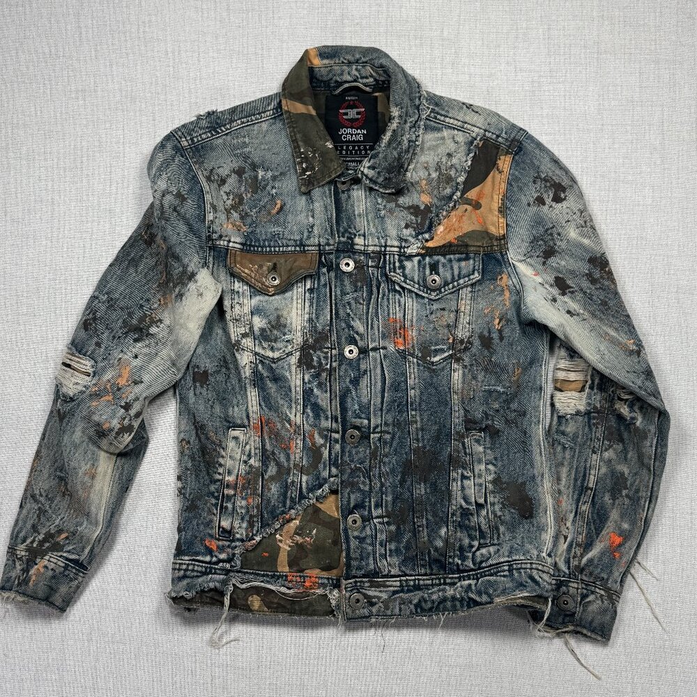 Jordan Craig Denim Jacket Freedom Camouflage Paint Splatter Distressed Size S